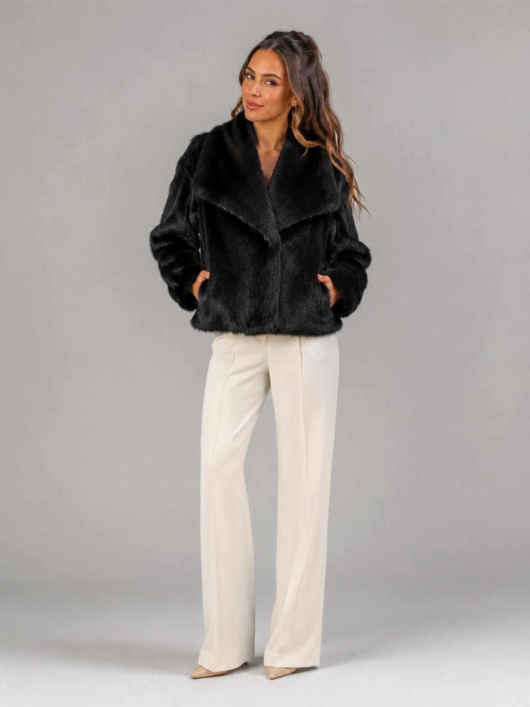 Cropped faux fur jacket – alternate colour – Nude & Nero