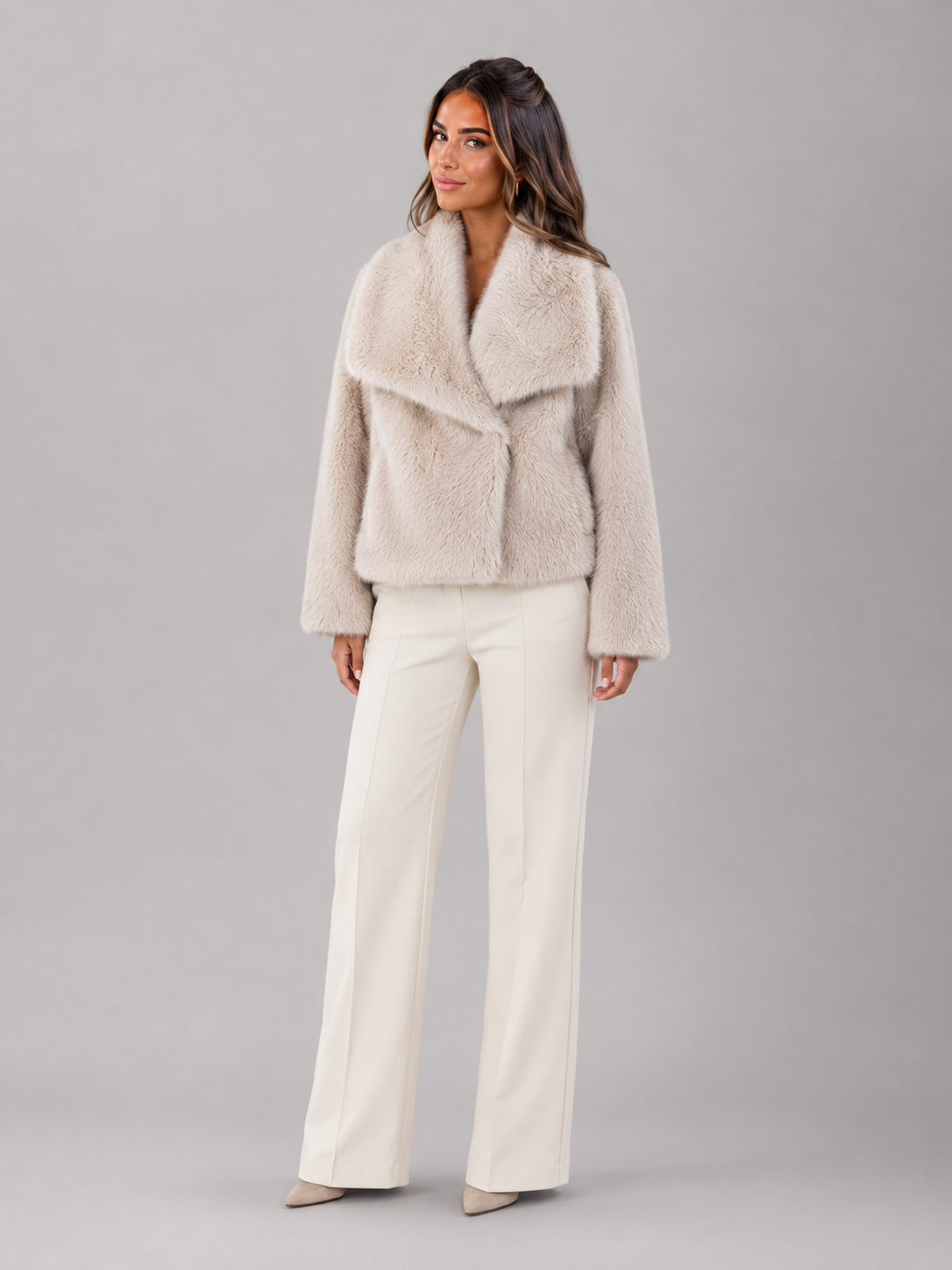 Cropped faux fur jacket – campaign shot – Nude & Nero