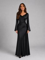 Vestido largo de manga larga con sensación de satén para invitada de boda