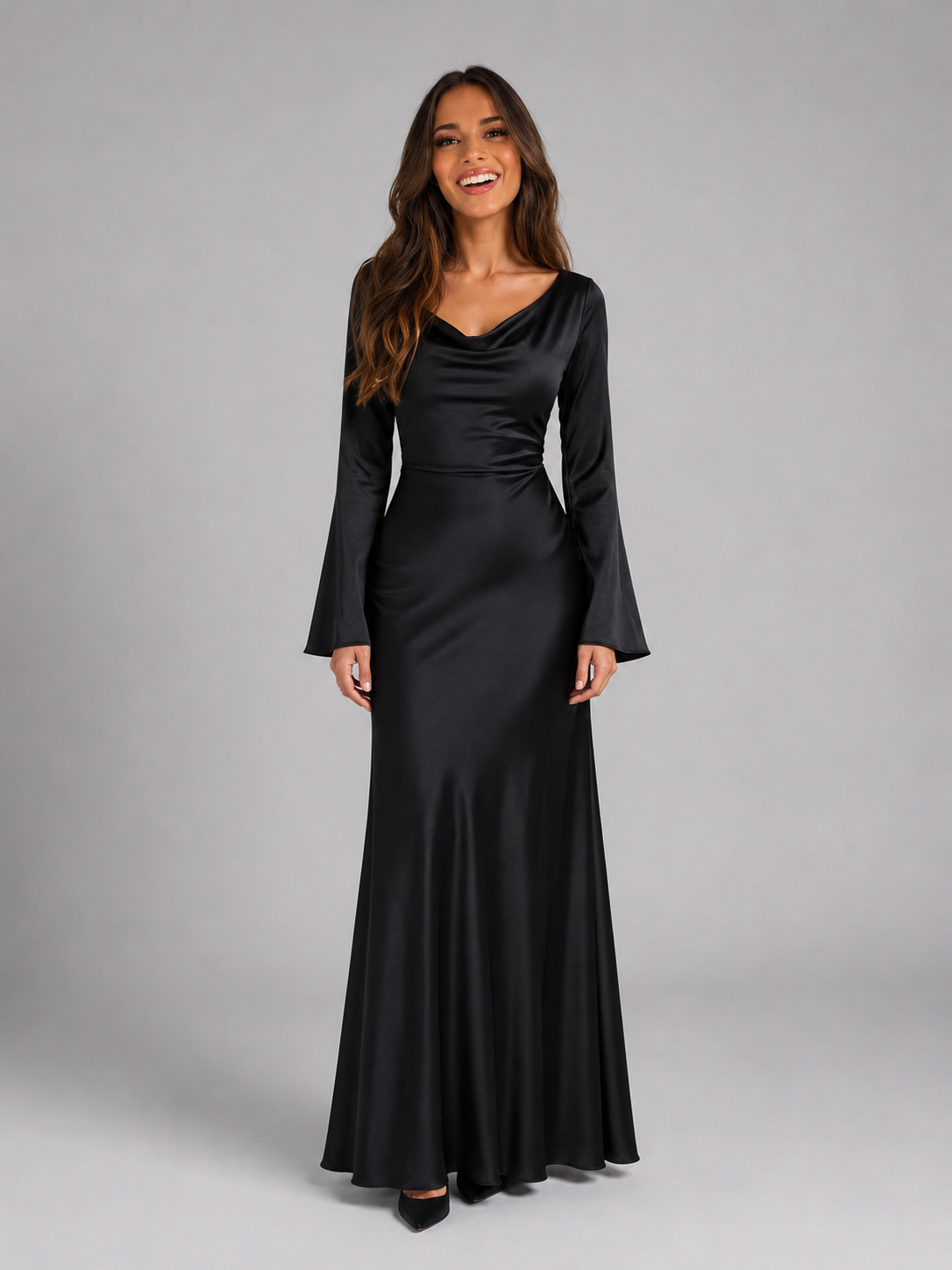 Vestido largo de manga larga con sensación de satén para invitada de boda