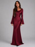 Vestido largo de manga larga con sensación de satén para invitada de boda