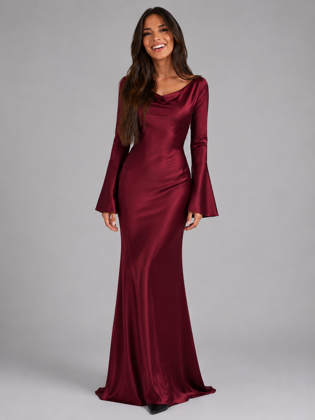 Satin Feel Long Sleeve Maxi Dress Wedding Guest