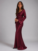 Vestido largo de manga larga con sensación de satén para invitada de boda
