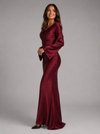 Vestido largo de manga larga con sensación de satén para invitada de boda