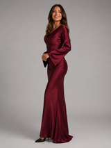 Vestido largo de manga larga con sensación de satén para invitada de boda