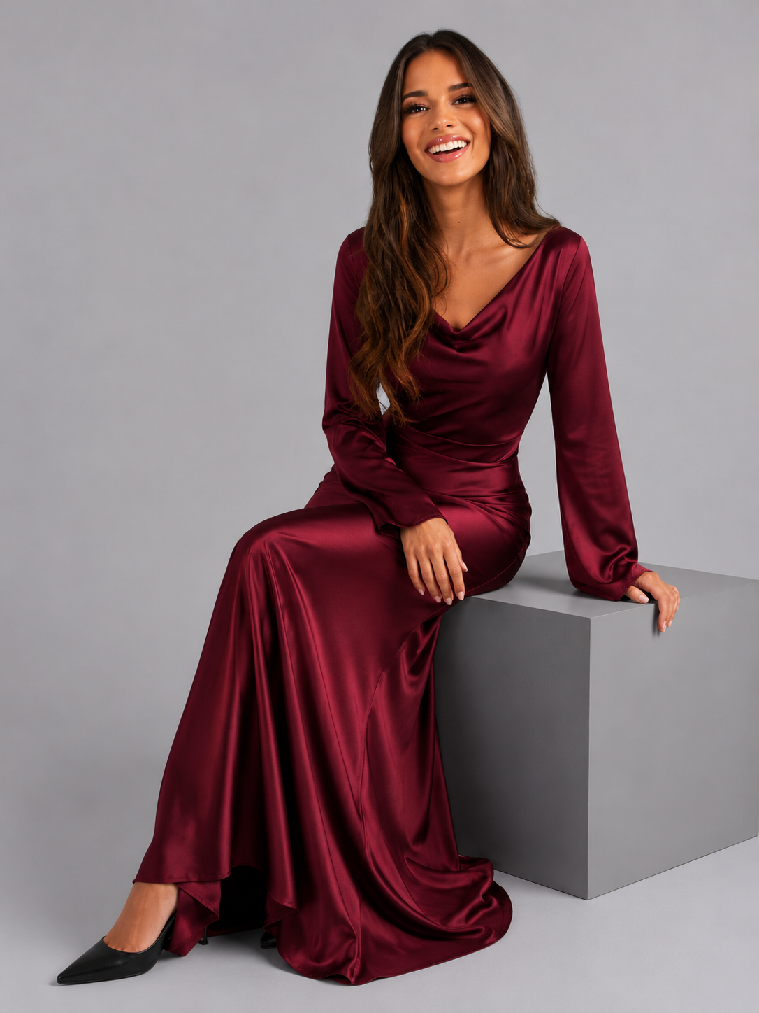 Satin Feel Long Sleeve Maxi Dress Wedding Guest