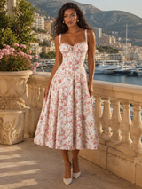 Floral Sweetheart Corset Midi Dress Wedding Guest