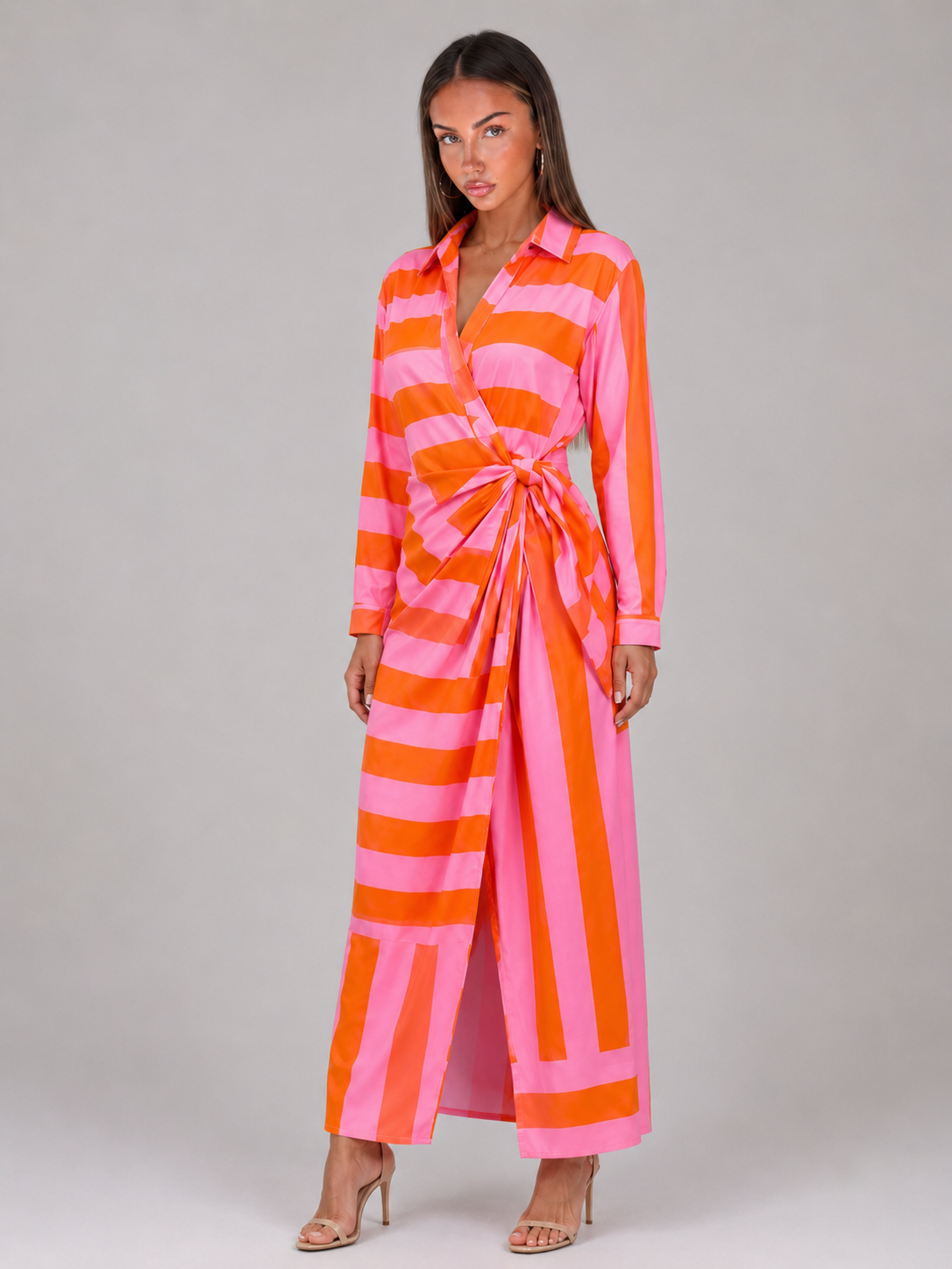 Robe chemise midi rayée à nœud torsadé pour femme en été