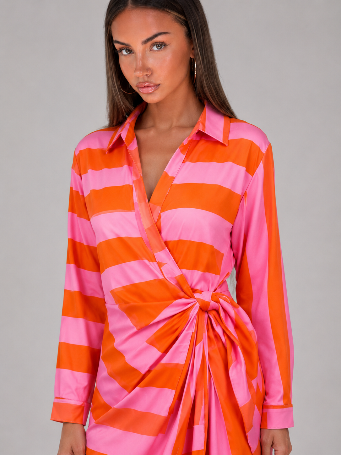 Robe chemise midi rayée à nœud torsadé pour femme en été