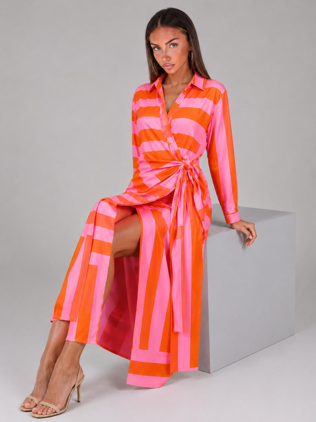 Robe chemise midi rayée à nœud torsadé pour femme en été