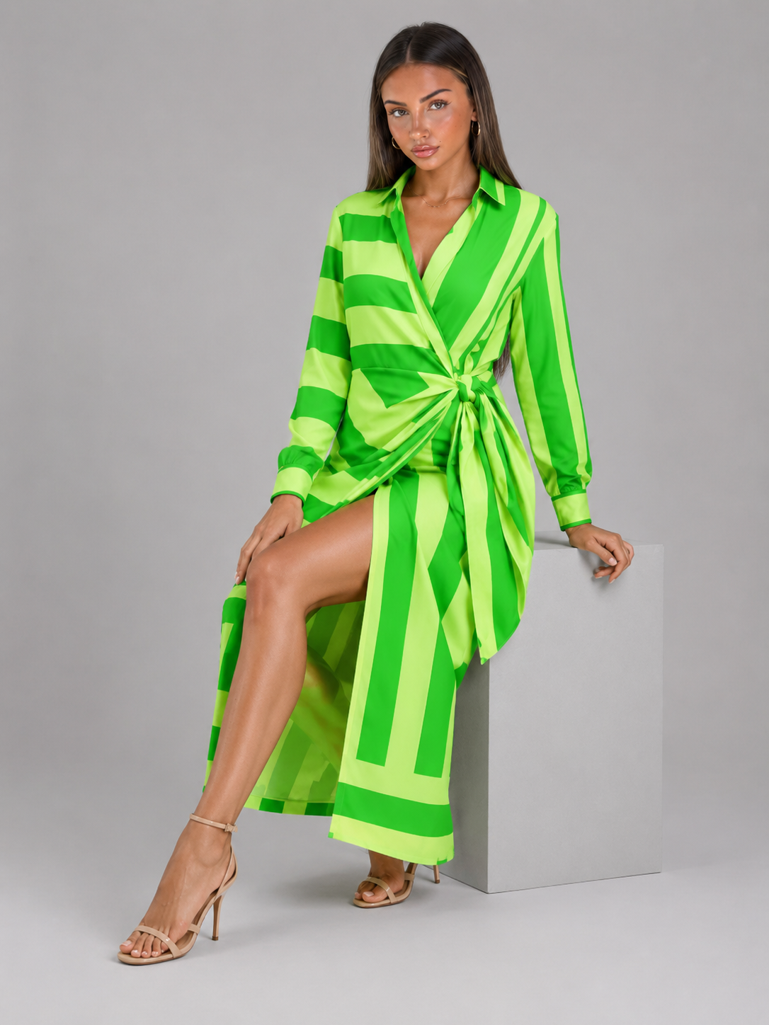 Robe chemise midi rayée à nœud torsadé pour femme en été