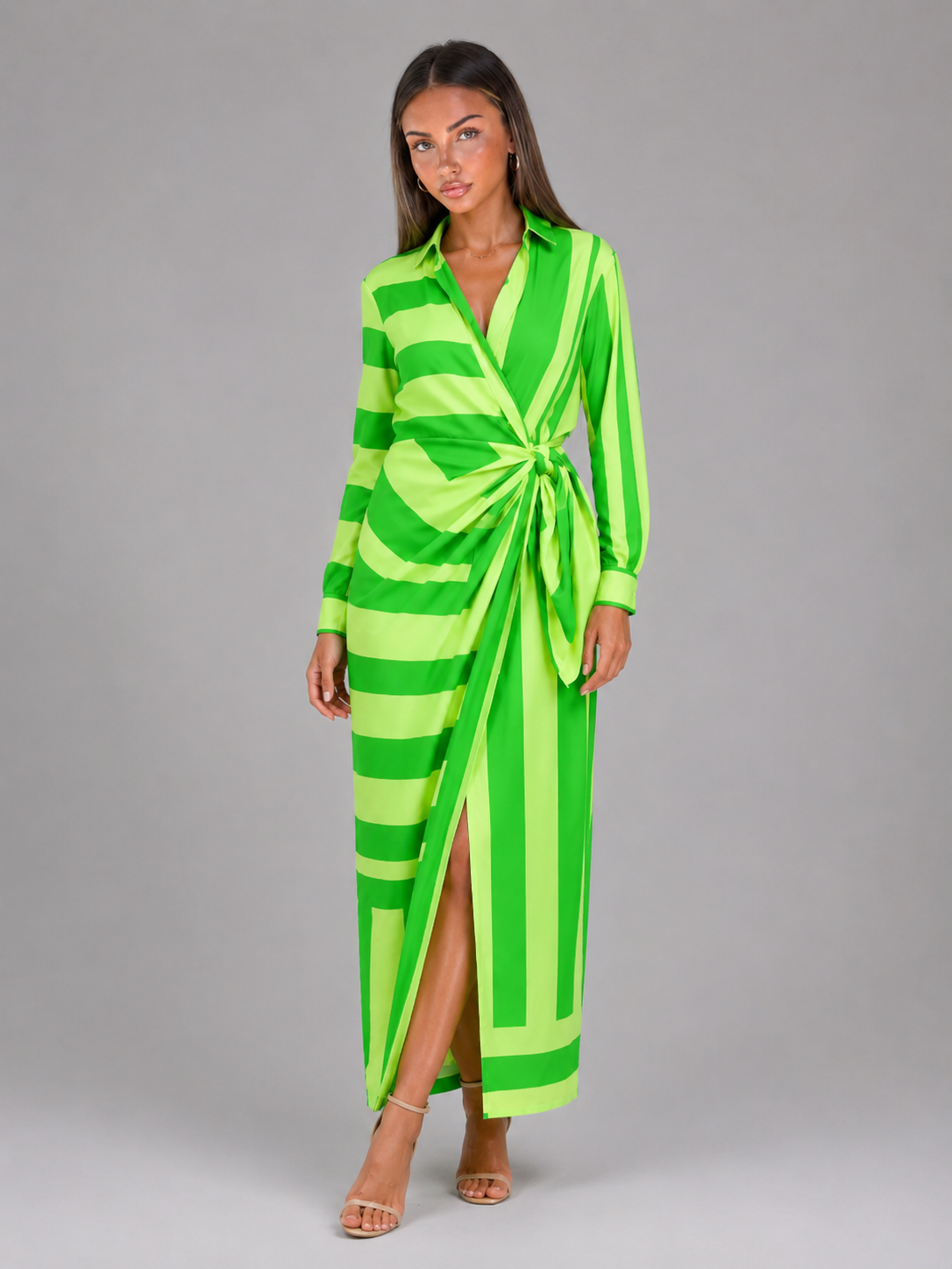 Robe chemise midi rayée à nœud torsadé pour femme en été
