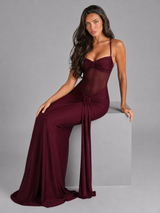Robe maxi halter en mesh froncée pour soirée femme