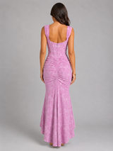 Women’s Floral Corset Maxi Dress with Asymmetrical Hem – Sculpted Elegant Silhouette