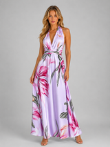 Floral Satin V Neck Maxi Dress Wedding Guest