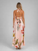 Floral satin tie waist maxi dress front view