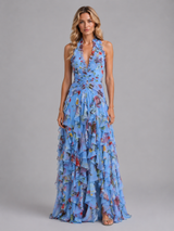 Women’s Floral Halter Maxi Dress – Wedding Guest Evening Gown