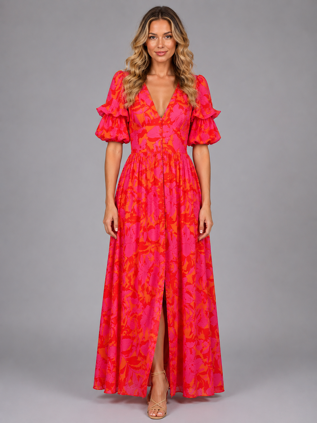Robe maxi à manches bouffantes florale pour femme en été