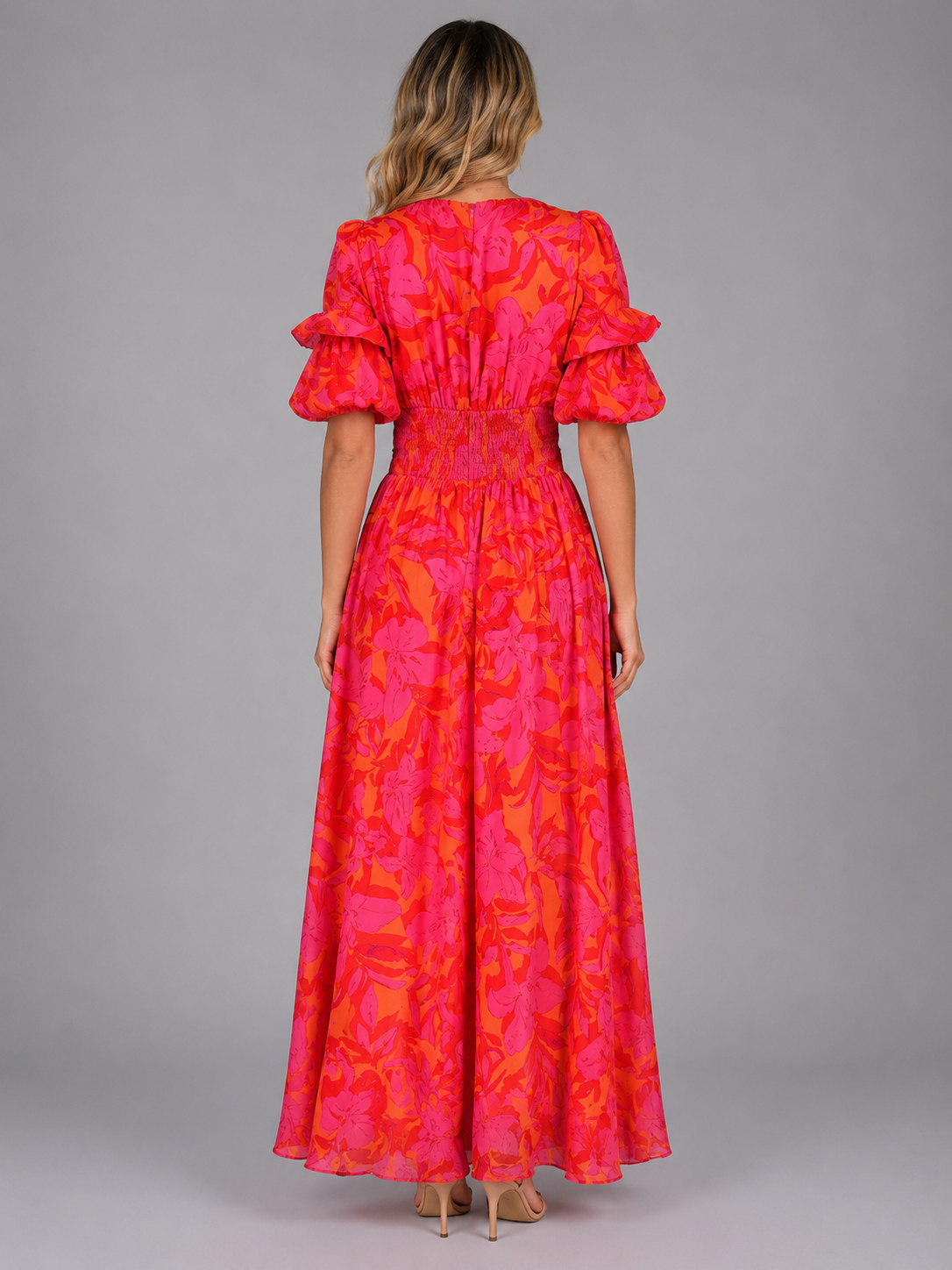Robe maxi à manches bouffantes florale pour femme en été