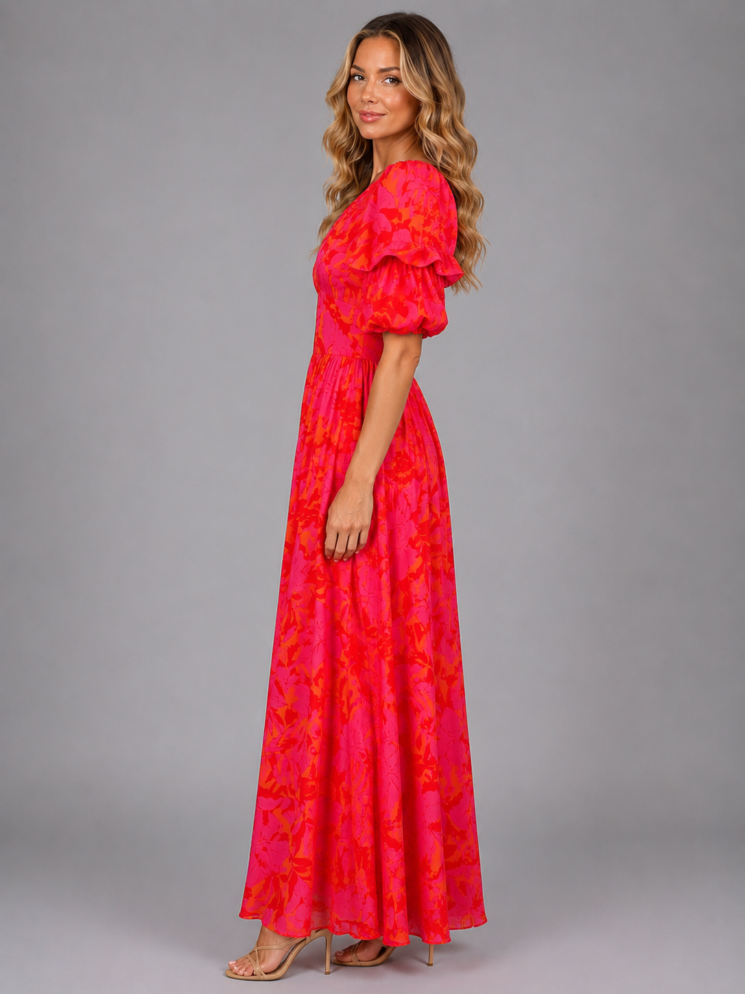 Robe maxi à manches bouffantes florale pour femme en été