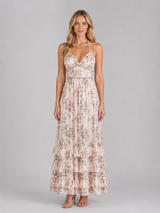 Women's floral ruffle beaded halter maxi dress in pink