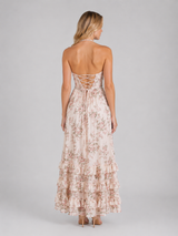 Floral beaded halter maxi dress with tiered ruffle skirt