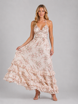 Beaded halter neck floral ruffle maxi dress