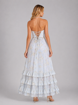Floral Ruffle Beaded Halter Maxi Dress Wedding Guest
