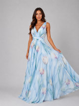 Women’s Floral V-Neck Maxi Dress with Cinched Waist – Summer Occasion Style