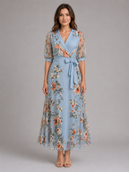 Robe maxi portefeuille à nouer à la taille fleurie pour femme été