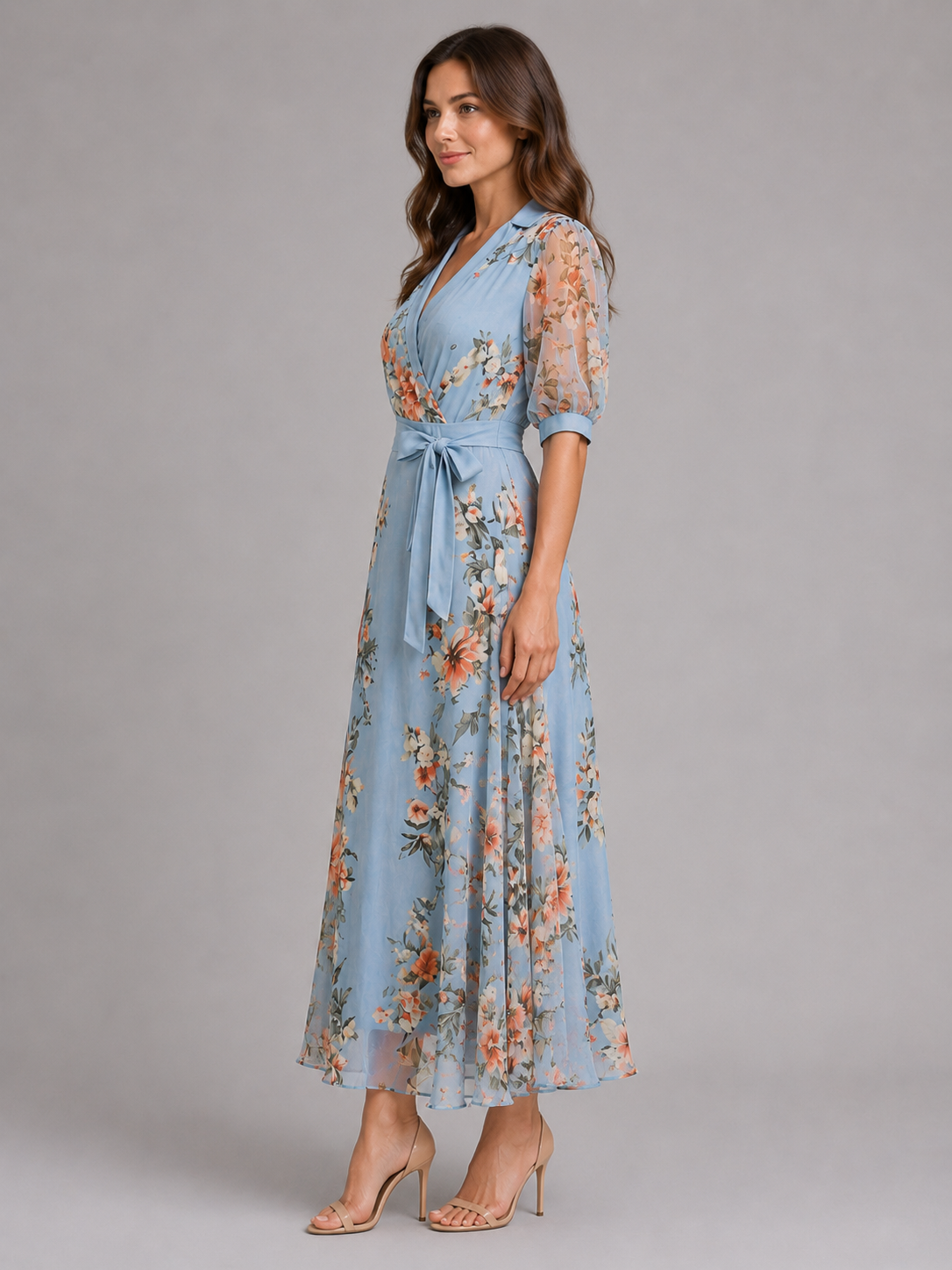 Robe maxi portefeuille à nouer à la taille fleurie pour femme été