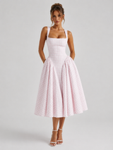 Women’s Gingham Midi Dress – Sculpted Waist Full Skirt Fit