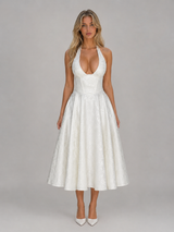 Women's white jacquard halter full skirt midi dress