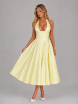 Jacquard Halter Full Skirt Midi Dress Wedding Guest