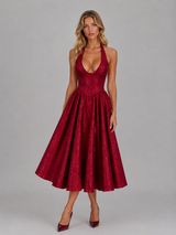 Jacquard Halter Full Skirt Midi Dress Wedding Guest
