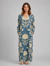 Women's blue floral linen look midi dress with pockets