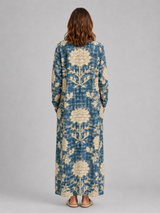 Floral linen look V neck long sleeve midi dress front view
