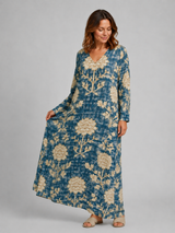 Relaxed A-line floral midi dress with side pockets