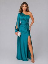 Women’s One-Shoulder Satin Feel Maxi Dress – Draped Elegant Silhouette