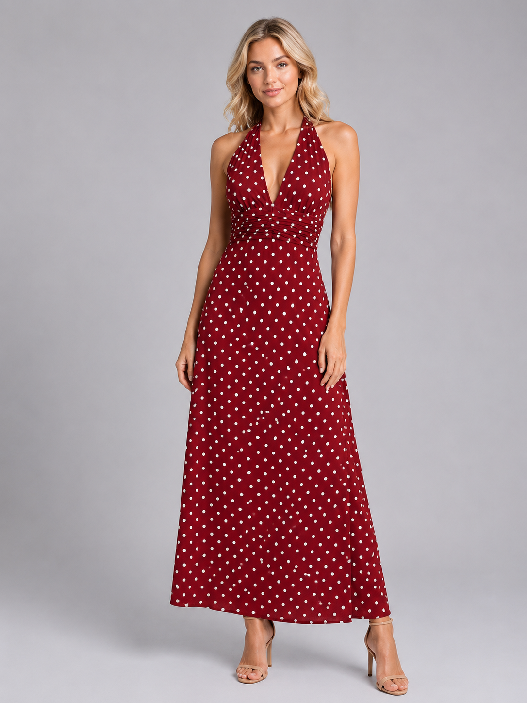 Vestido maxi de lunares con cuello halter para mujer verano