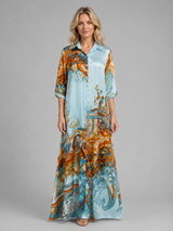 Women's baroque print button front shirt maxi dress