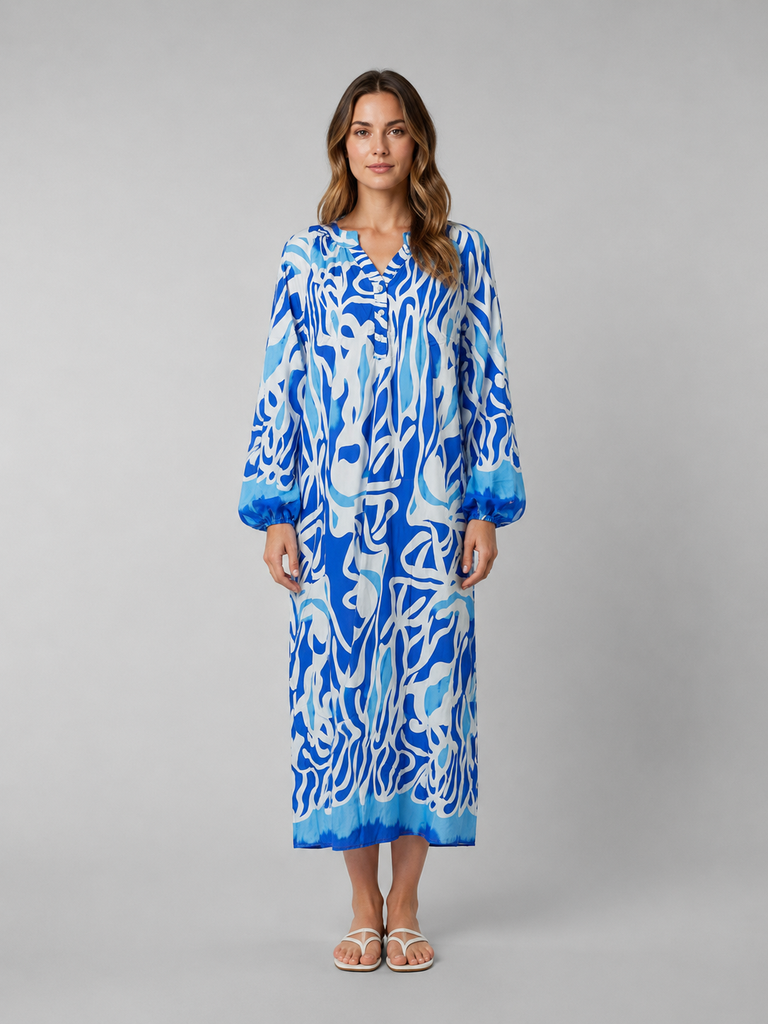 Women's blue abstract print long sleeve maxi dress