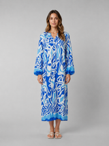 Women's blue abstract print long sleeve maxi dress