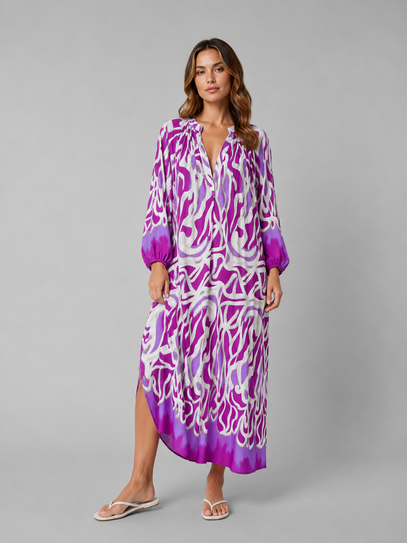 Abstract Print Long Sleeve Maxi Dress – Summer