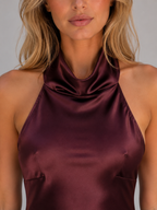 Burgundy satin halter maxi dress back view