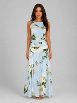 Women's light blue floral boat neck maxi dress