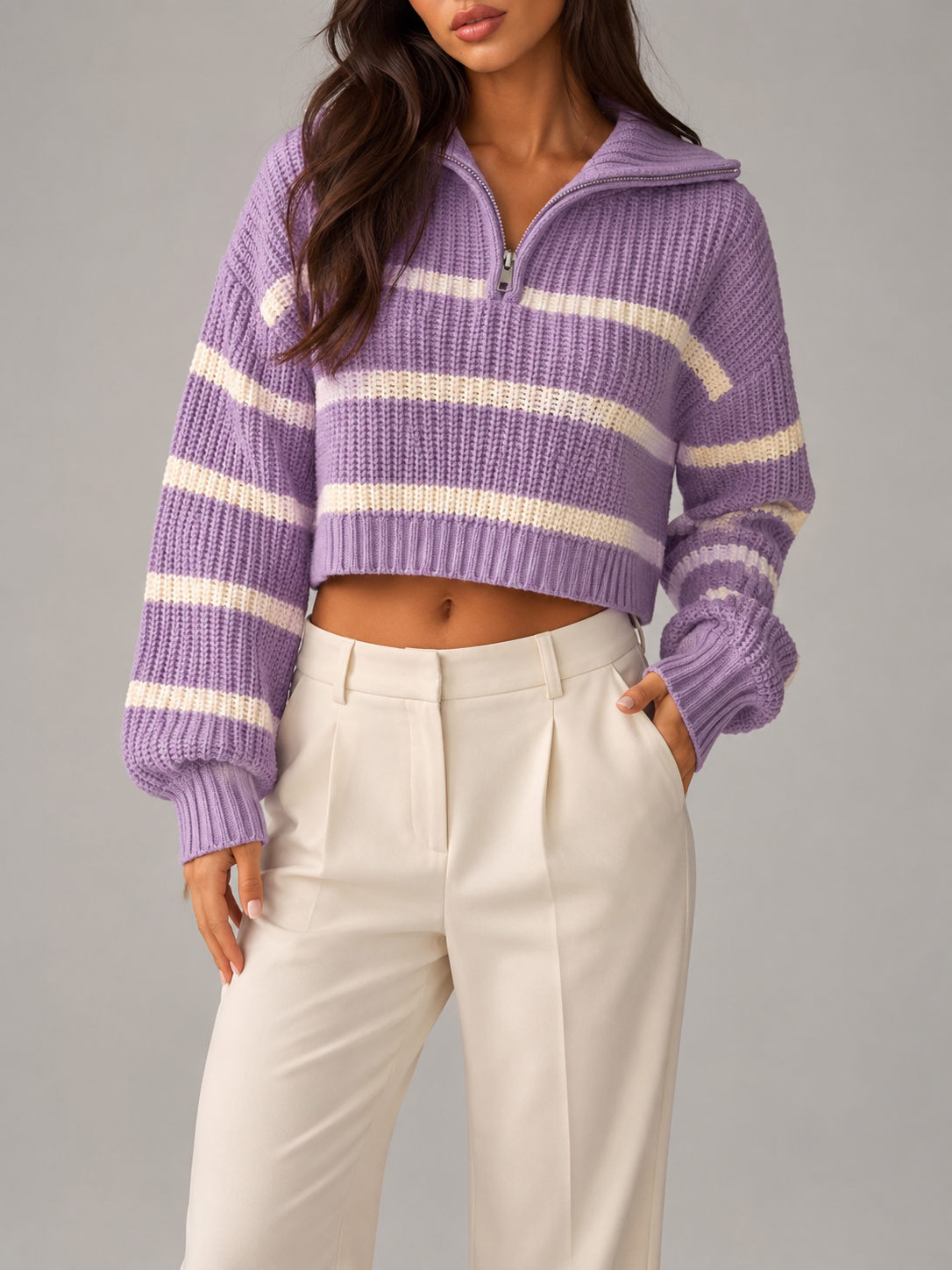 Striped Half Zip Knit Sweater Autumn Women