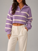 Striped Half Zip Knit Sweater Autumn Women