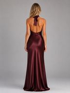 Satin halter neck open back maxi dress