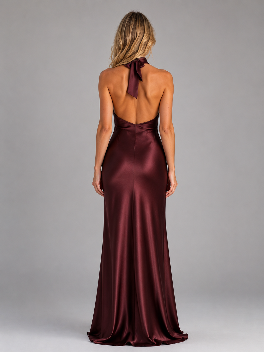 Satin halter neck open back maxi dress